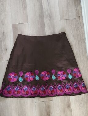Anne Carson Brown Embroidered Floral Cotton And Silk A-Line Skirt